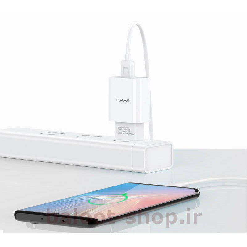شارژر دیواری یوسمز مدل T21 با یک خروجی USB فست شارژ 2.1 آمپر به همراه یک عدد کابل شارژ Type-C مناسب گوشی‌های دارای این نوع سوکت